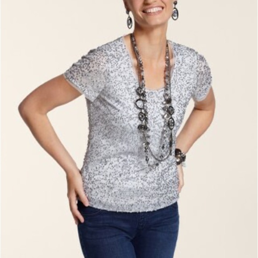 Chico's Sasha Sequin Short Sleeve Top Seagull Silver Holiday Party Plus 4